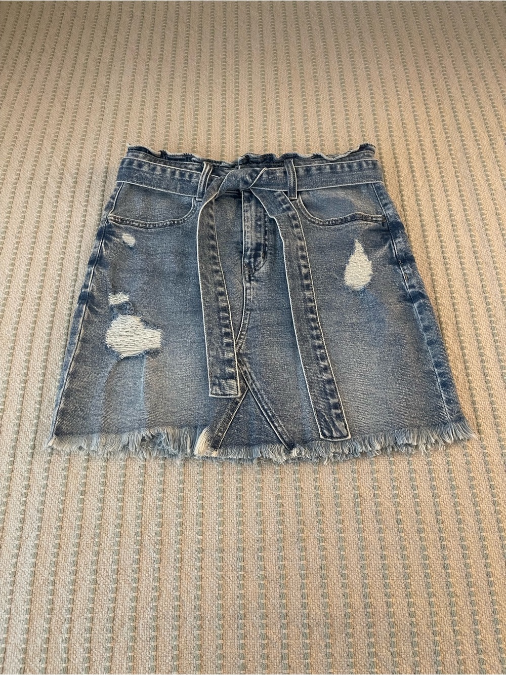 NEW - SO Distressed Blue Denim Mini Skirt with Self-Tie Waist - Size 11/30 W